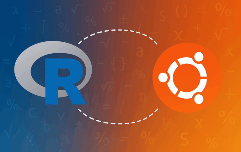 R programming language logo with Ubuntu logo and terminal showing CRAN repository configuration commands