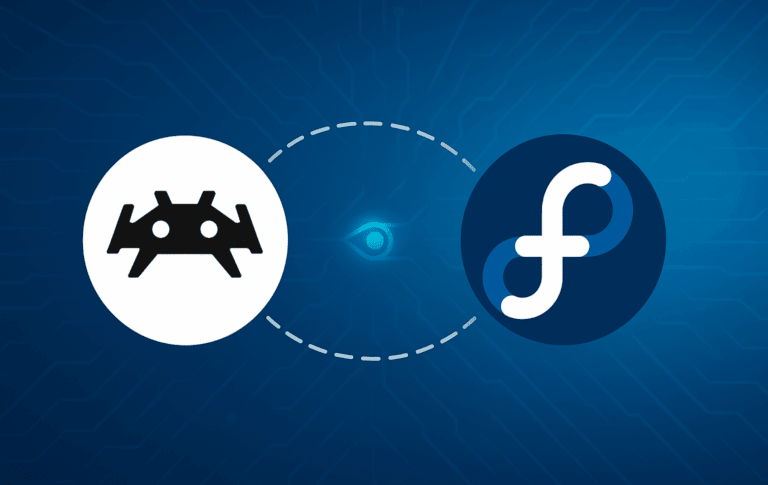 RetroArch emulator logo alongside Fedora Linux logo on blue circuit board background
