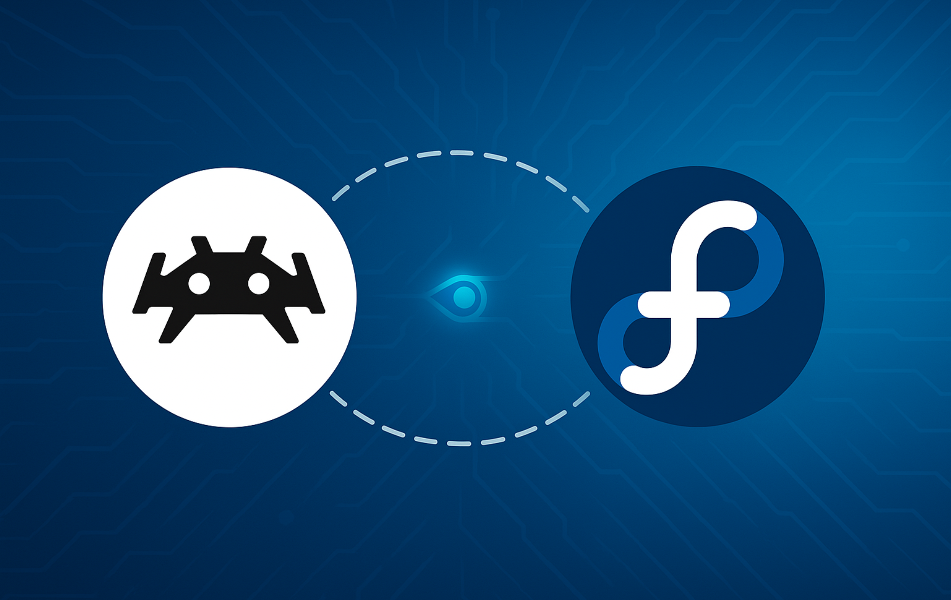 RetroArch emulator logo alongside Fedora Linux logo on blue circuit board background