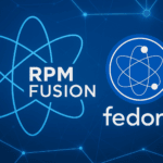 RPM Fusion and Fedora logos with atomic structure graphics on blue technology background