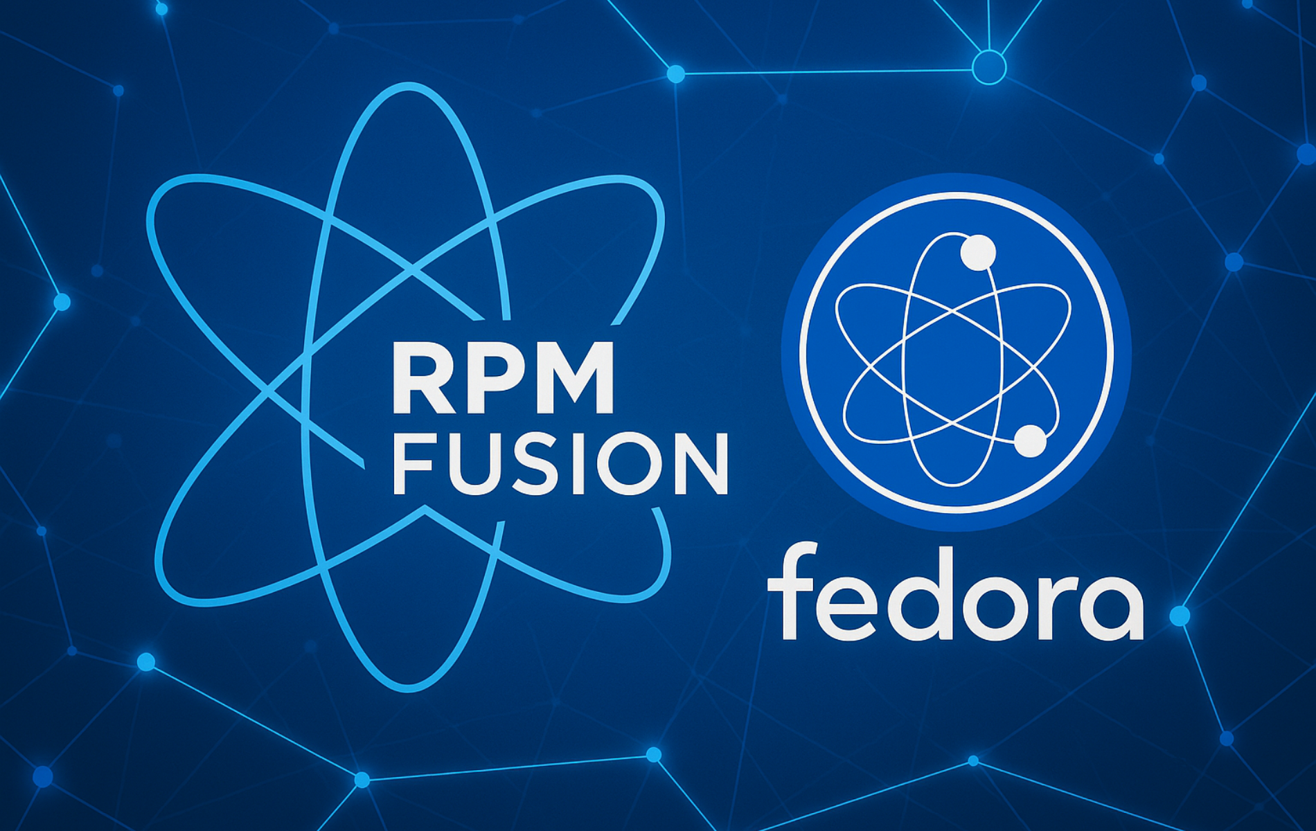 RPM Fusion and Fedora logos with atomic structure graphics on blue technology background