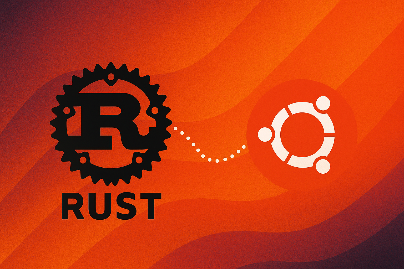 Rust programming language logo with gear symbol connected to Ubuntu logo on orange gradient background