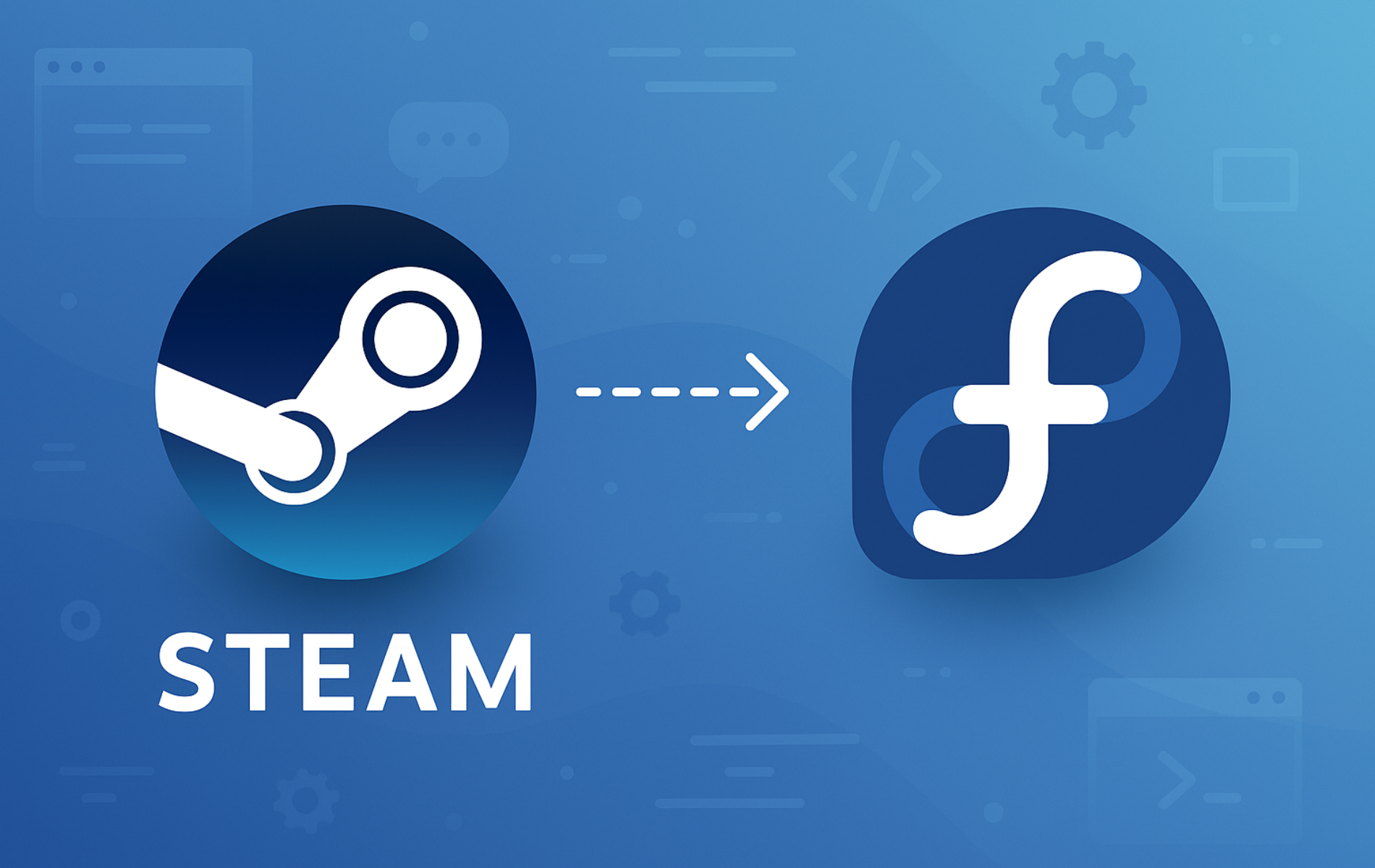 Steam and Fedora logos with arrow showing installation path from Steam platform to Fedora Linux system