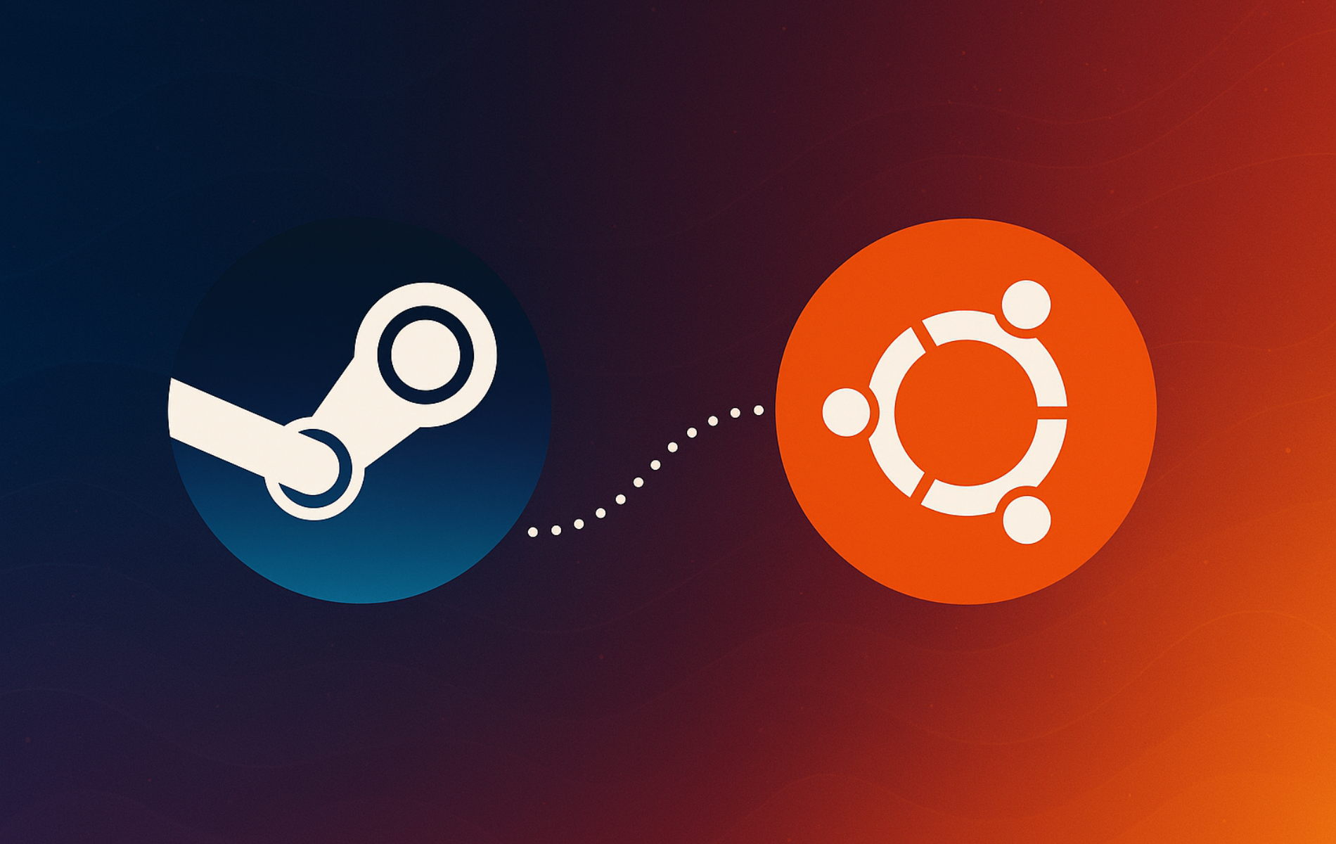 Steam logo and Ubuntu logo connected with dotted line showing gaming platform integration on Linux