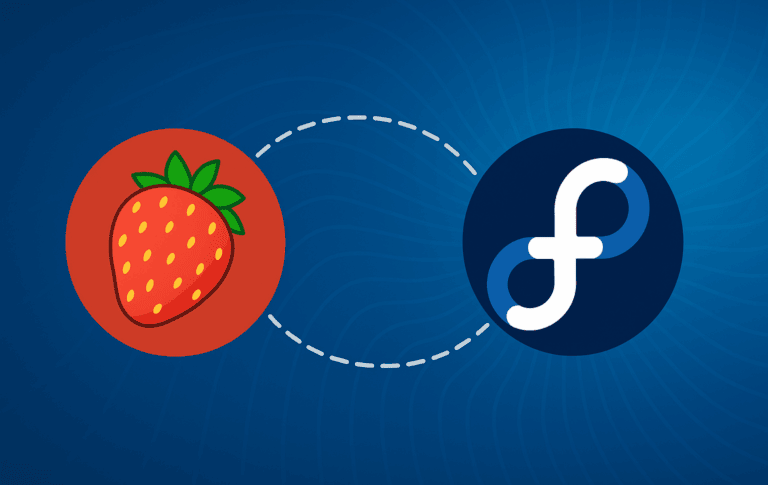 Strawberry Music Player icon connected to Fedora logo with dashed line on blue gradient background