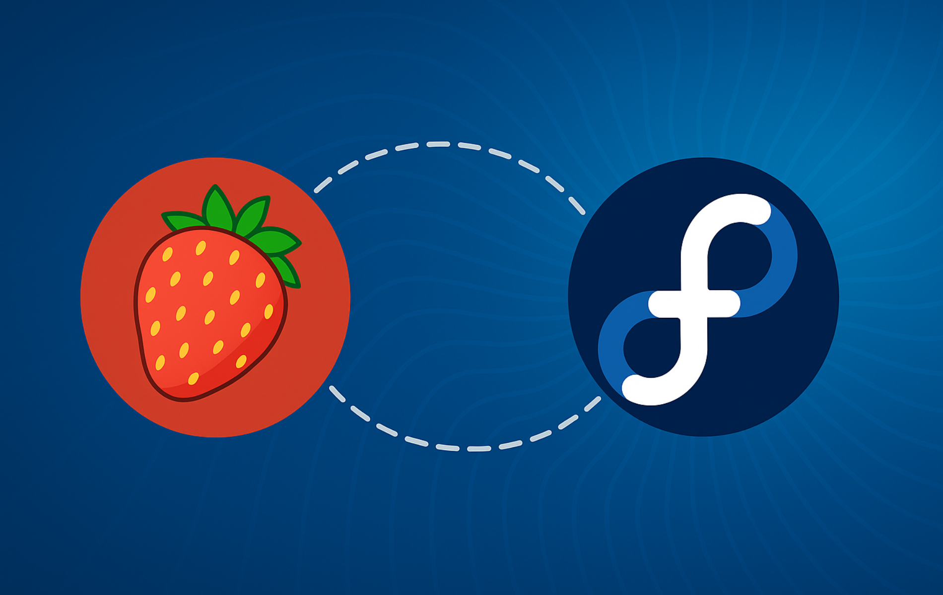 Strawberry Music Player icon connected to Fedora logo with dashed line on blue gradient background