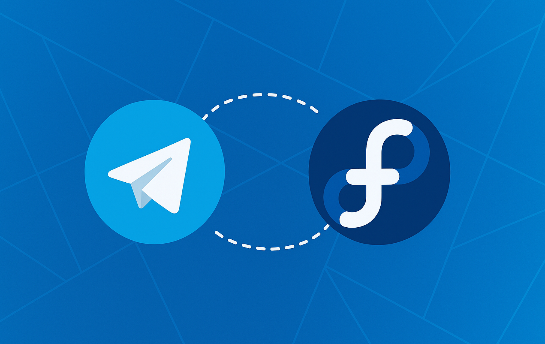 Telegram logo connected to Fedora logo with installation flow illustration on blue background