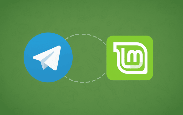 Telegram paper plane logo connected to Linux Mint logo on green background representing Telegram installation on Linux Mint