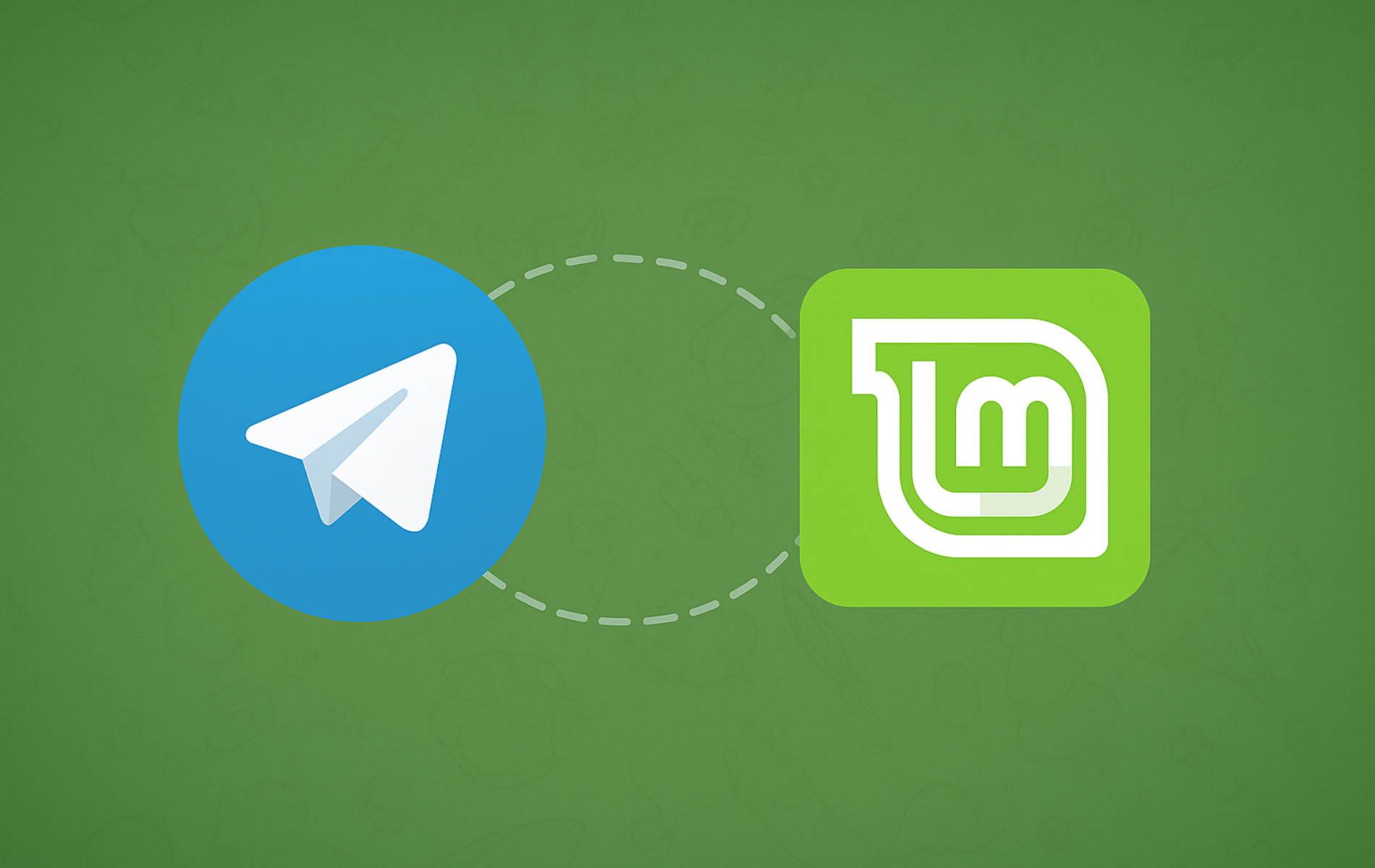 Telegram paper plane logo connected to Linux Mint logo on green background representing Telegram installation on Linux Mint