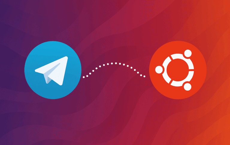 Telegram paper plane logo and Ubuntu circle of friends logo connected by dotted line on gradient background