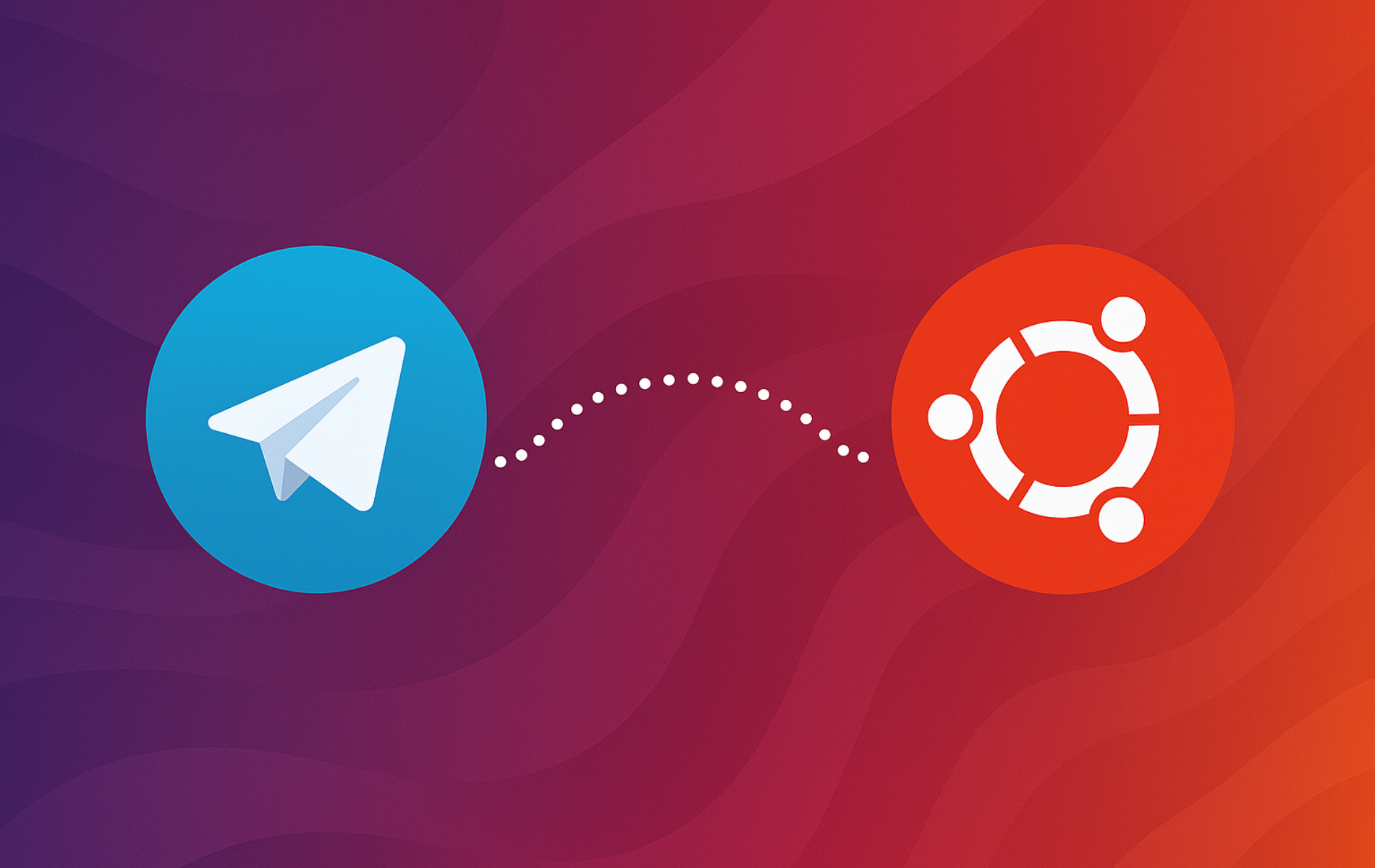 Telegram paper plane logo and Ubuntu circle of friends logo connected by dotted line on gradient background