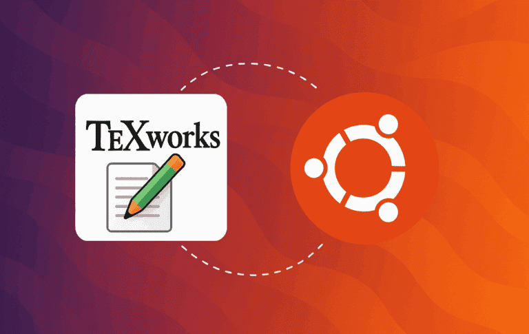 TeXworks logo with document and pencil icon connected to Ubuntu logo on gradient purple-to-orange background