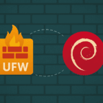 UFW firewall icon with orange shield and flame connecting to red Debian logo on dark teal brick wall background
