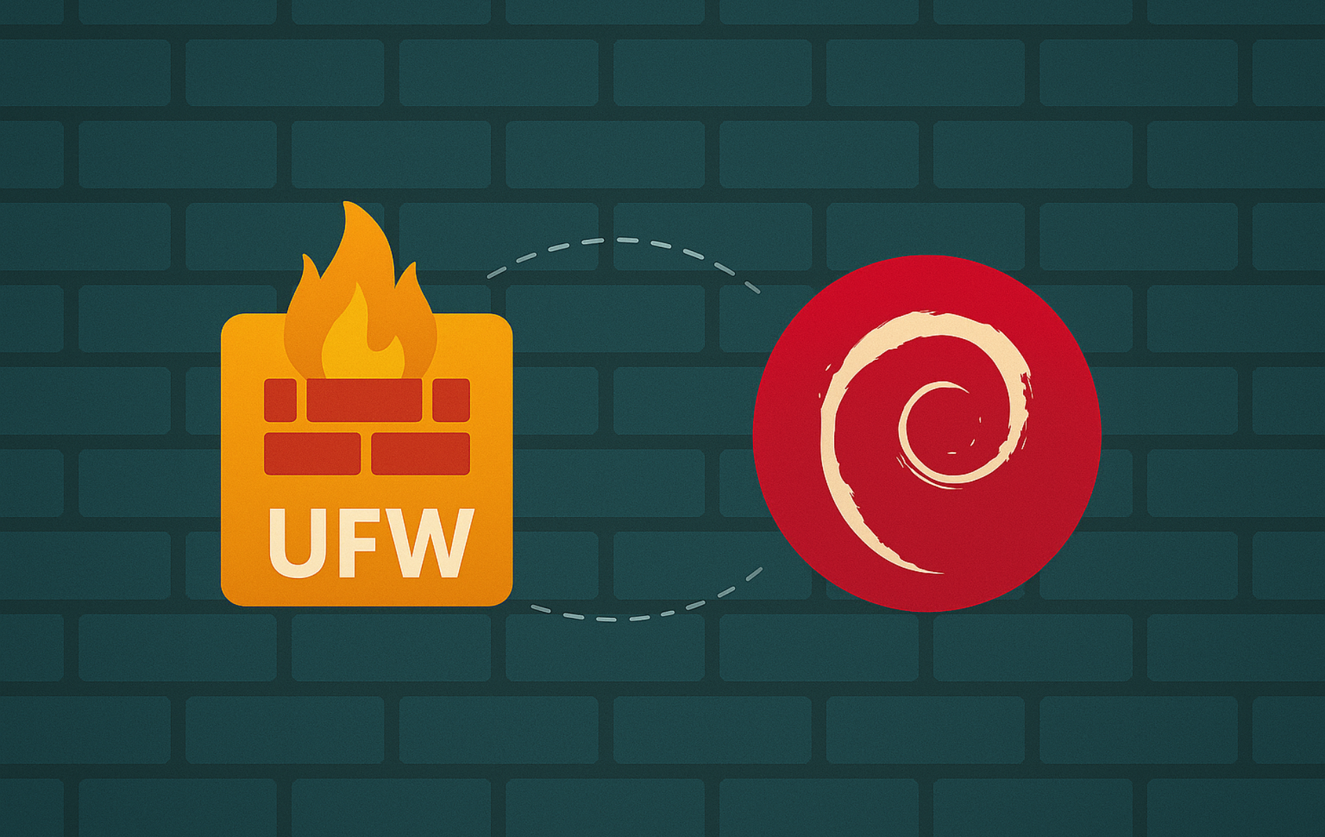 UFW firewall icon with orange shield and flame connecting to red Debian logo on dark teal brick wall background
