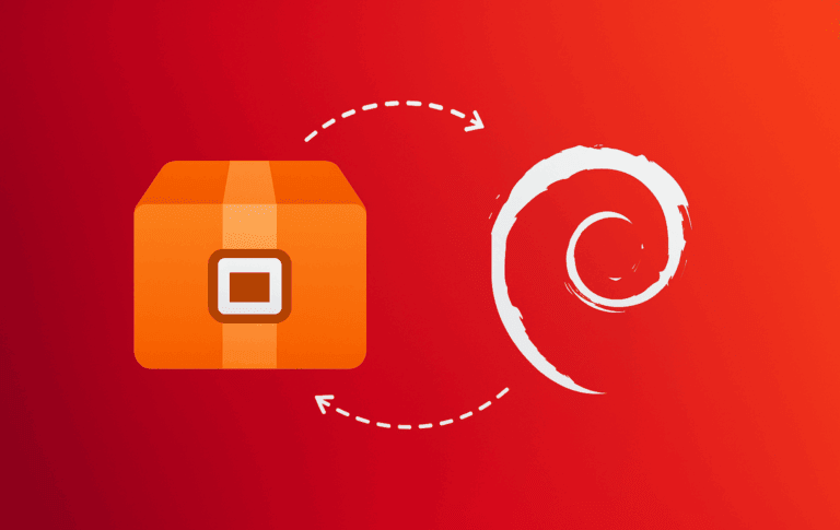 Orange RAR archive box with Debian swirl logo showing bidirectional arrows for extraction