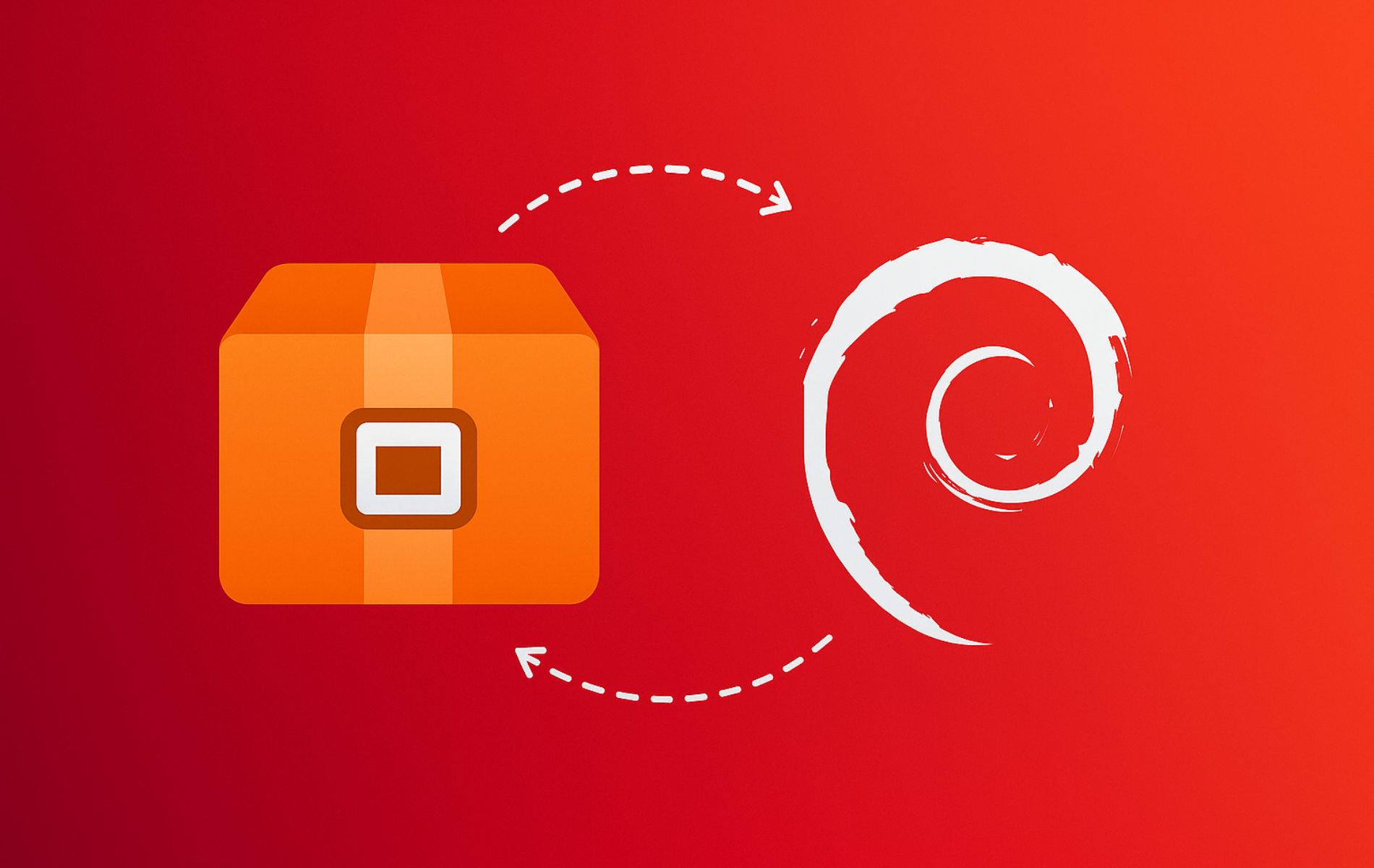 Orange RAR archive box with Debian swirl logo showing bidirectional arrows for extraction