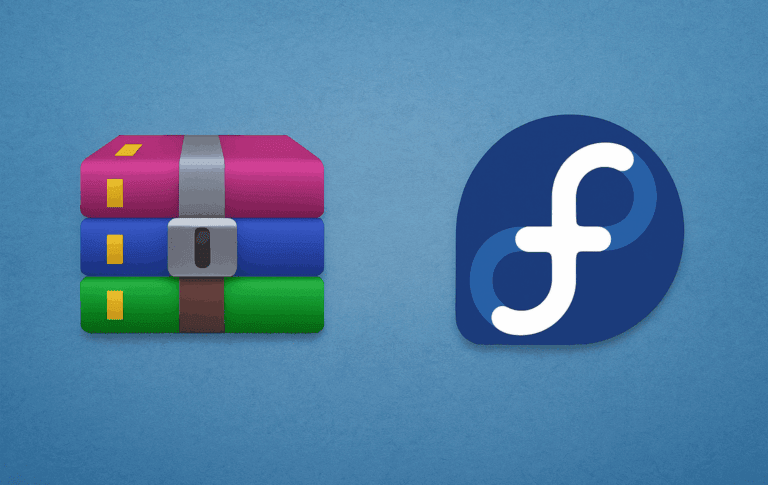 Unrar and Fedora Linux logos on blue background