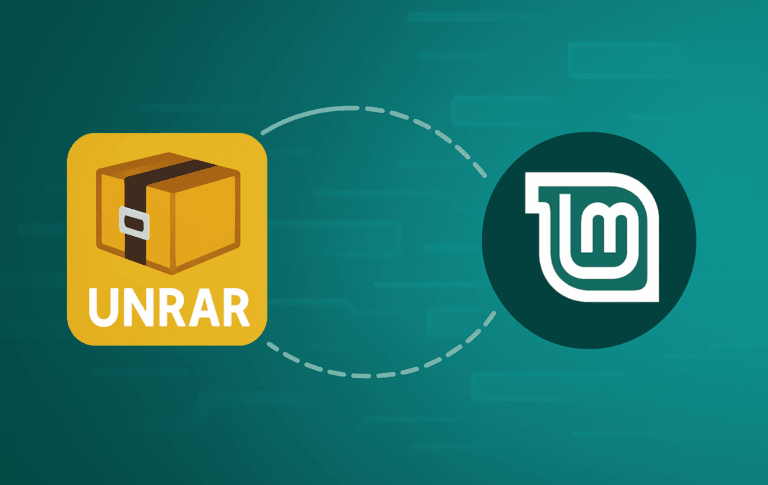 UNRAR package logo and Linux Mint logo connected by a dashed line on a teal background