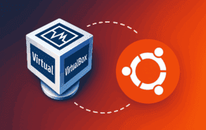 VirtualBox cube logo with Ubuntu logo connected by dotted line showing virtualization integration