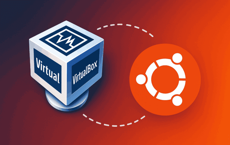 VirtualBox cube logo with Ubuntu logo connected by dotted line showing virtualization integration