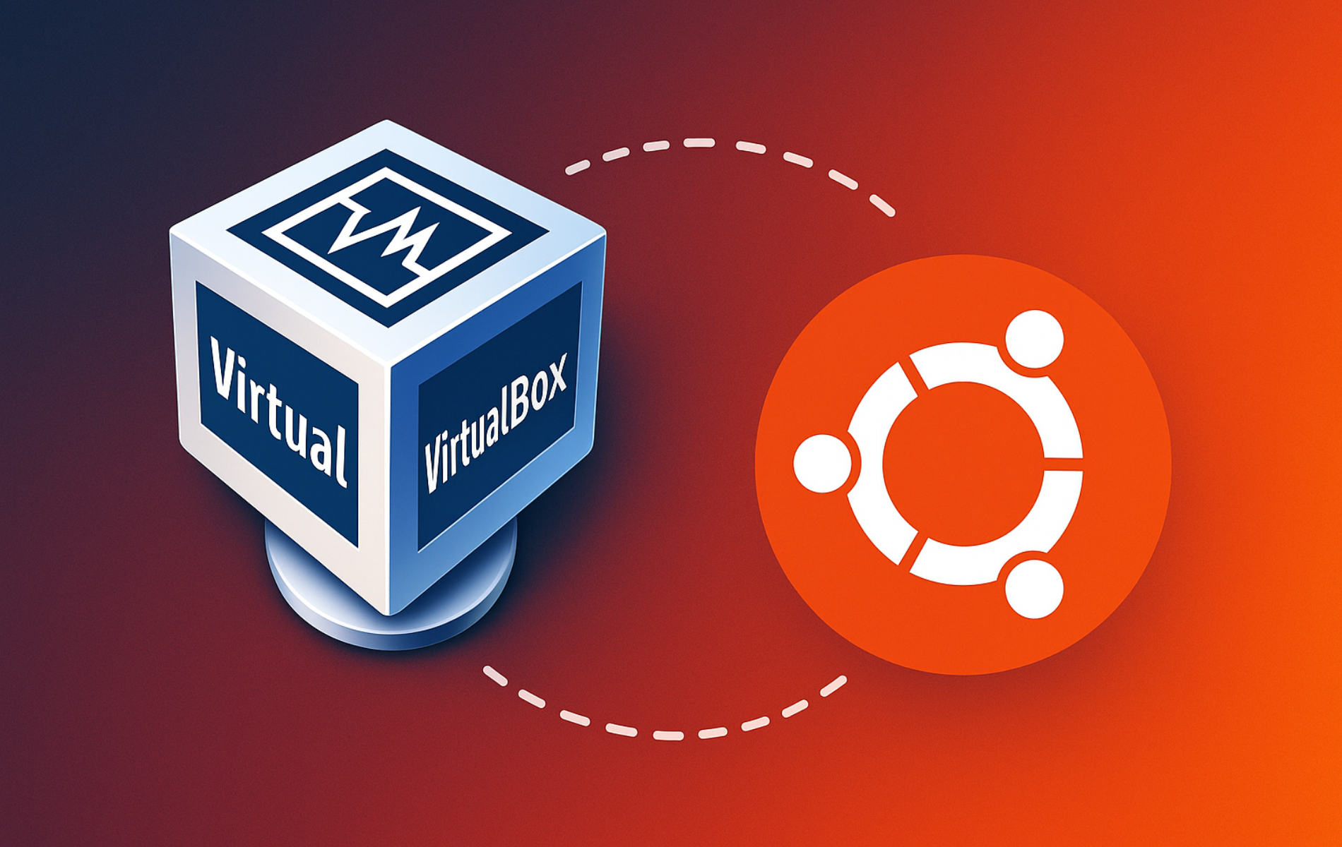 VirtualBox cube logo with Ubuntu logo connected by dotted line showing virtualization integration