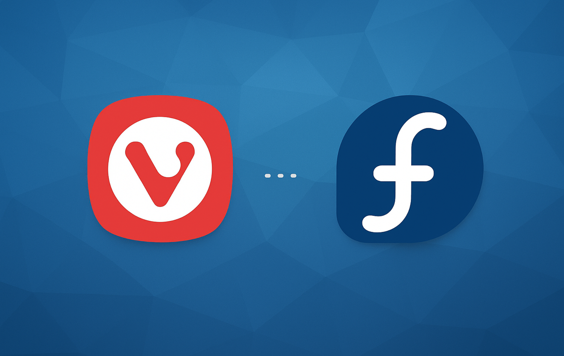 Vivaldi browser logo alongside Fedora Linux logo on blue geometric background