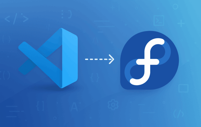 Visual Studio Code and Fedora logos with an arrow indicating installation direction