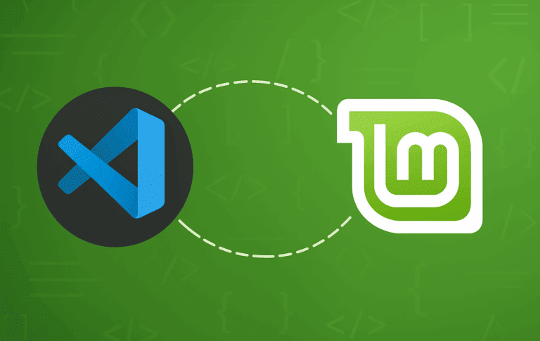 Visual Studio Code logo and Linux Mint logo connected with dotted line on green gradient background showing integration between platforms