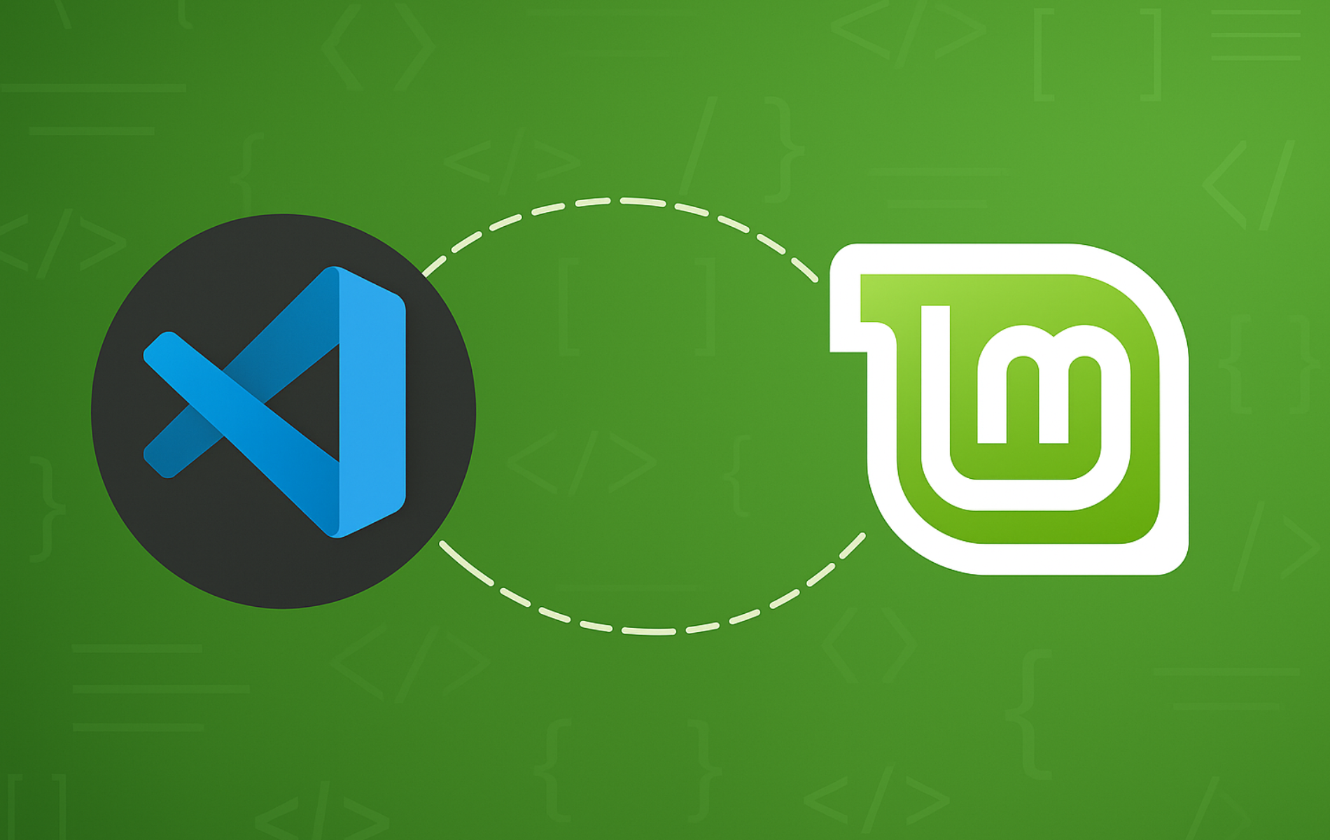 Visual Studio Code logo and Linux Mint logo connected with dotted line on green gradient background showing integration between platforms