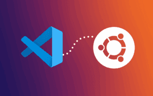 Visual Studio Code logo with dotted connection line leading to Ubuntu logo on gradient purple to orange background