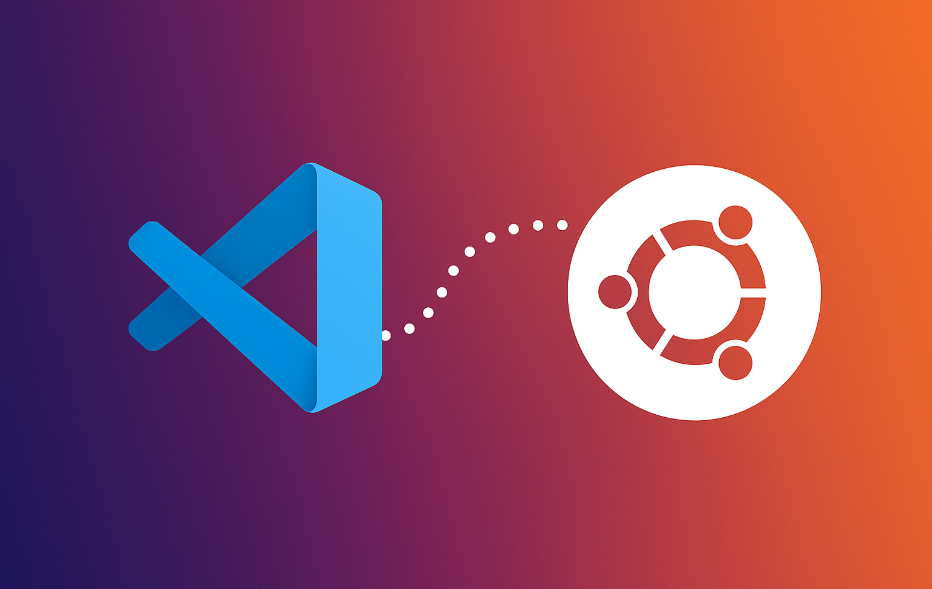 Visual Studio Code logo with dotted connection line leading to Ubuntu logo on gradient purple to orange background