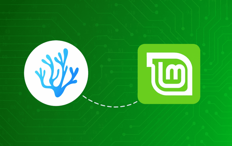 VSCodium and Linux Mint logos connected with dashed line on dark green circuit board background