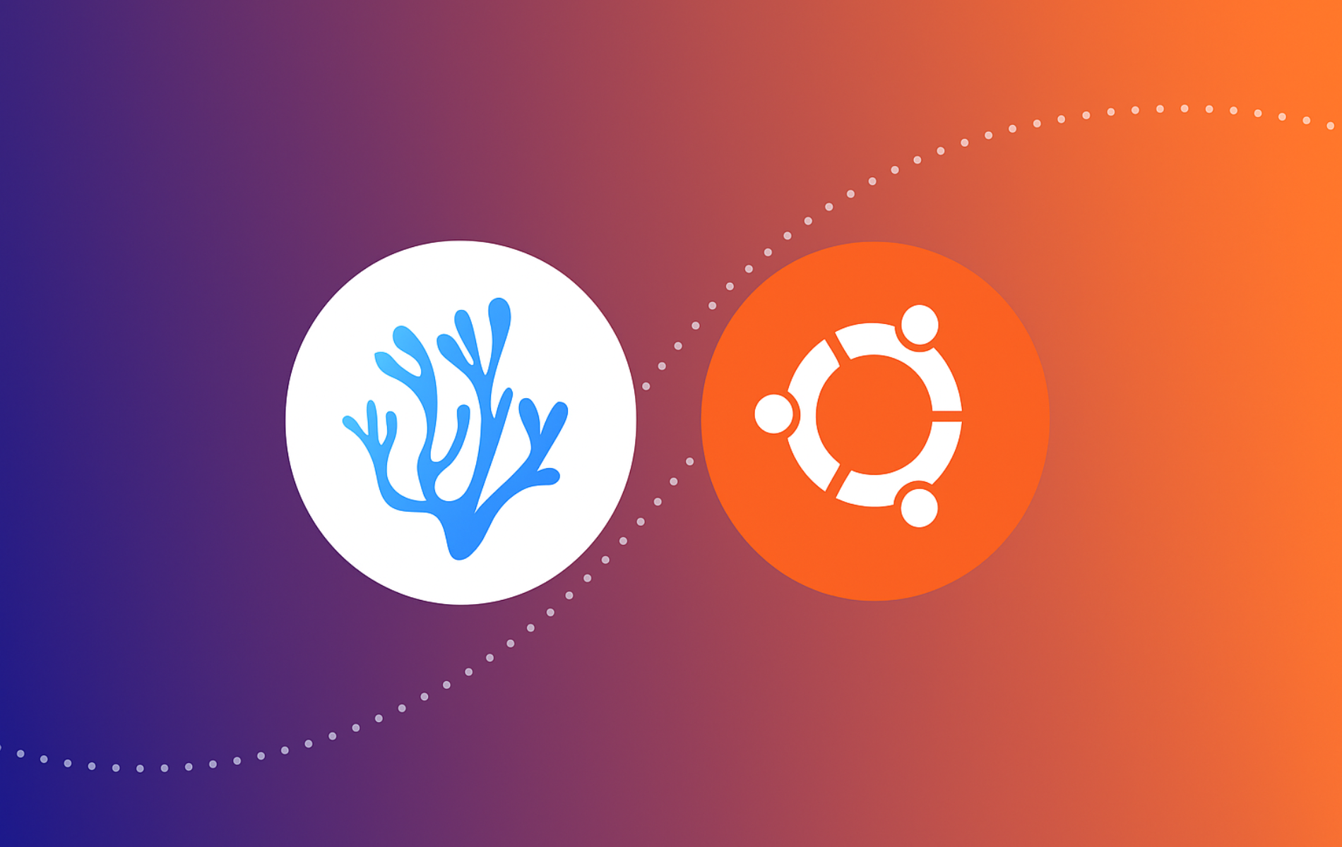 VSCodium blue coral logo and Ubuntu orange logo with connecting dotted line on gradient purple to orange background