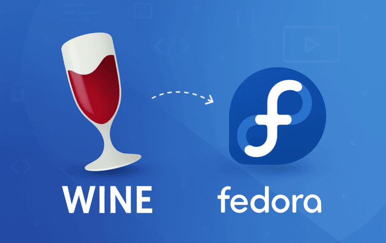 Wine compatibility layer logo with Fedora Linux logo showing Windows application integration