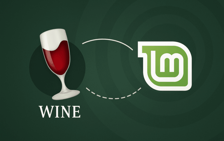 Wine and Linux Mint logos connected by a dashed line on a green background