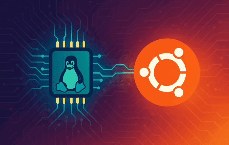 Zabbly mainline kernel installation with Linux Tux penguin chip connecting to Ubuntu logo via circuit board traces