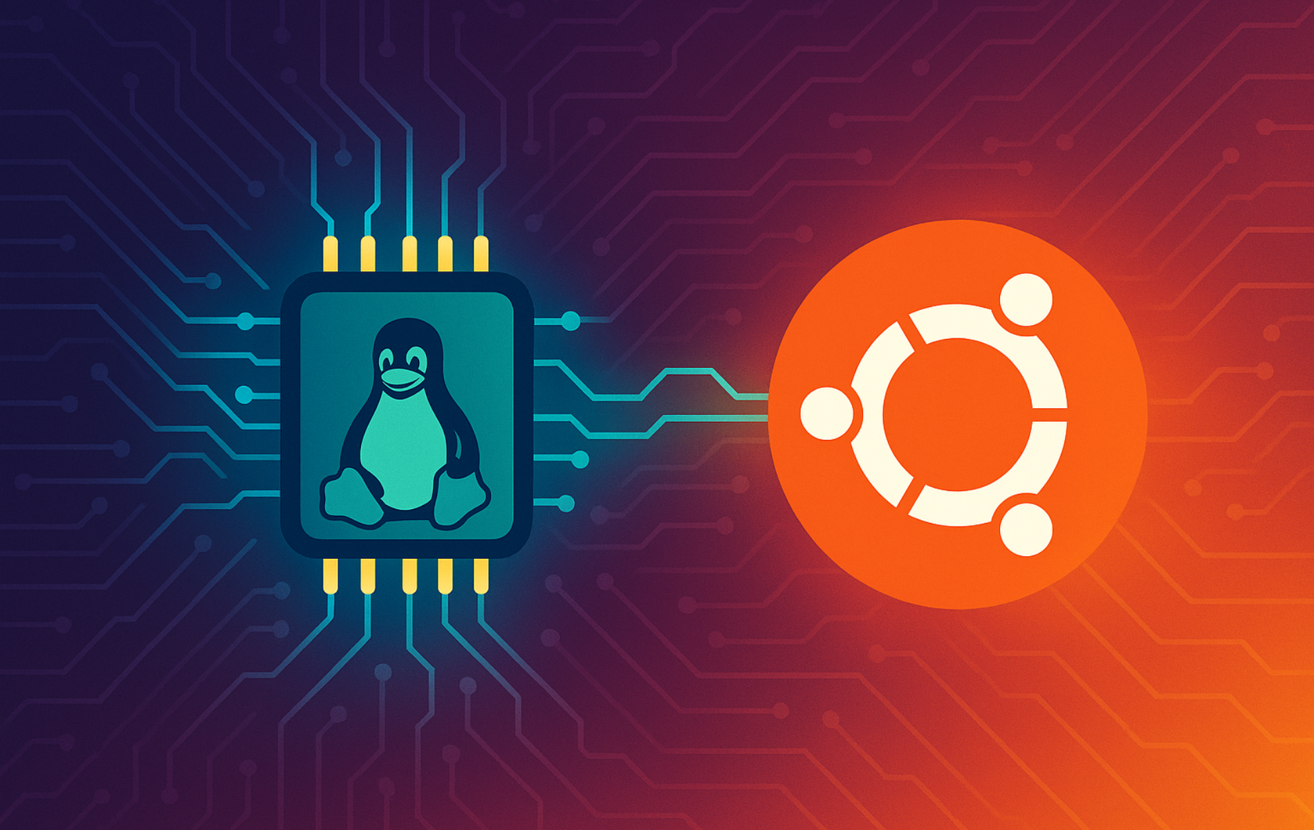 Zabbly mainline kernel installation with Linux Tux penguin chip connecting to Ubuntu logo via circuit board traces