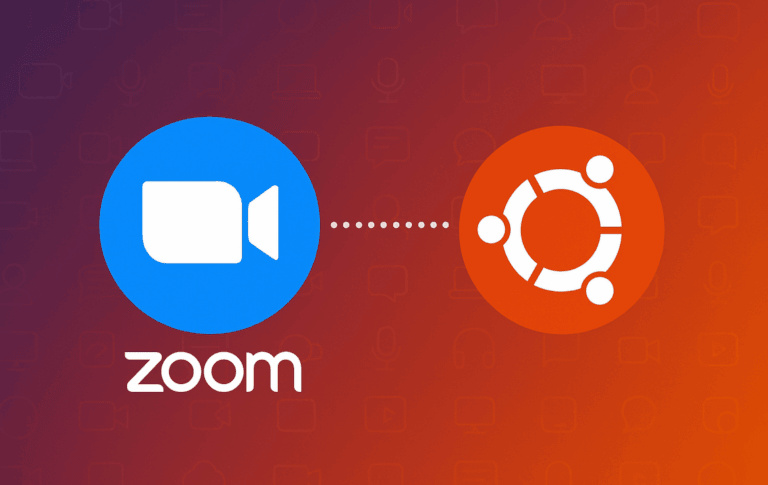 Zoom video camera icon with dotted connection line to Ubuntu logo on gradient purple to orange background