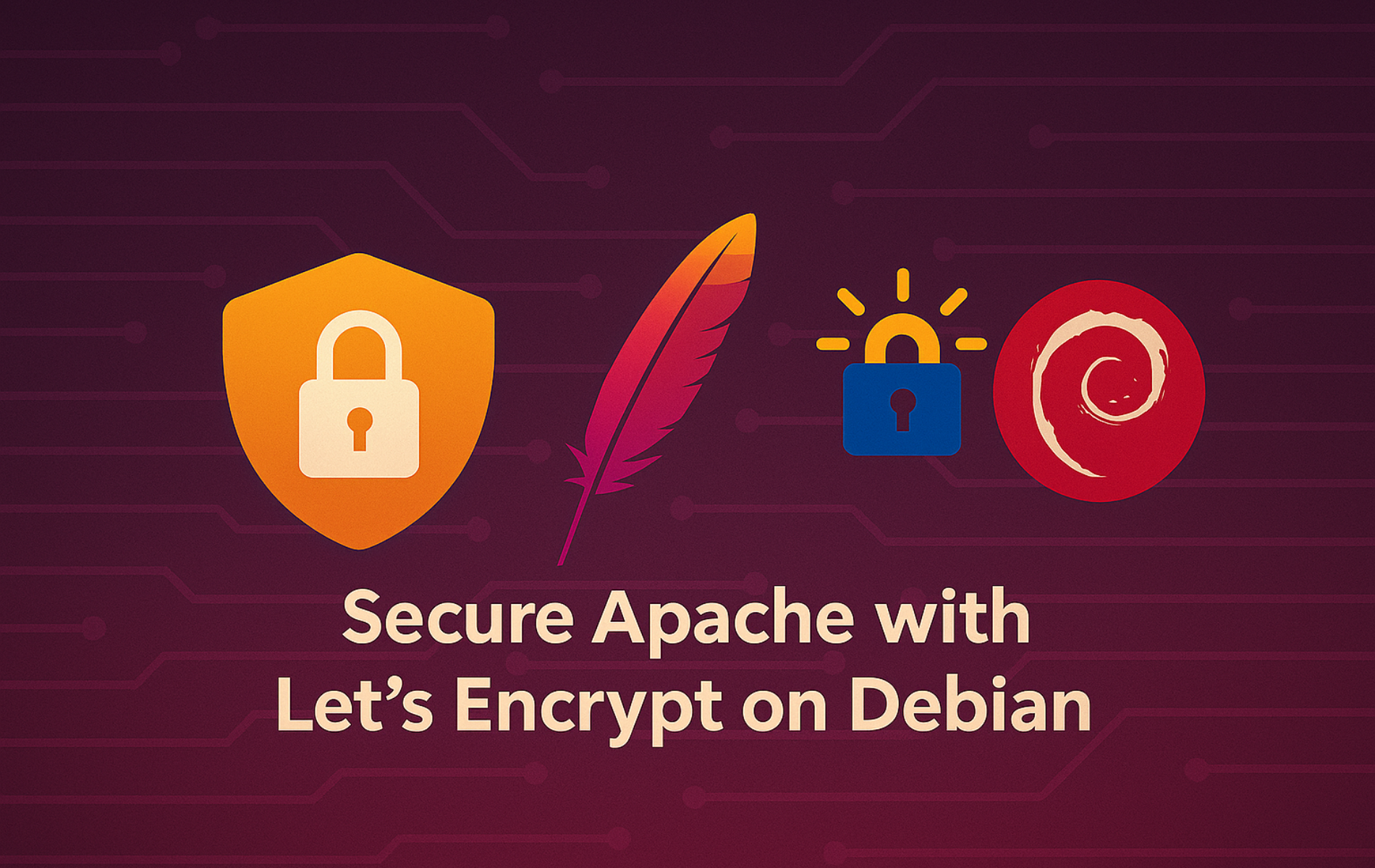 Security shield, Apache feather, Let's Encrypt padlock, and Debian logo on circuit board background