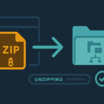 Unzip command examples showing archive extraction on Linux terminal with file icons