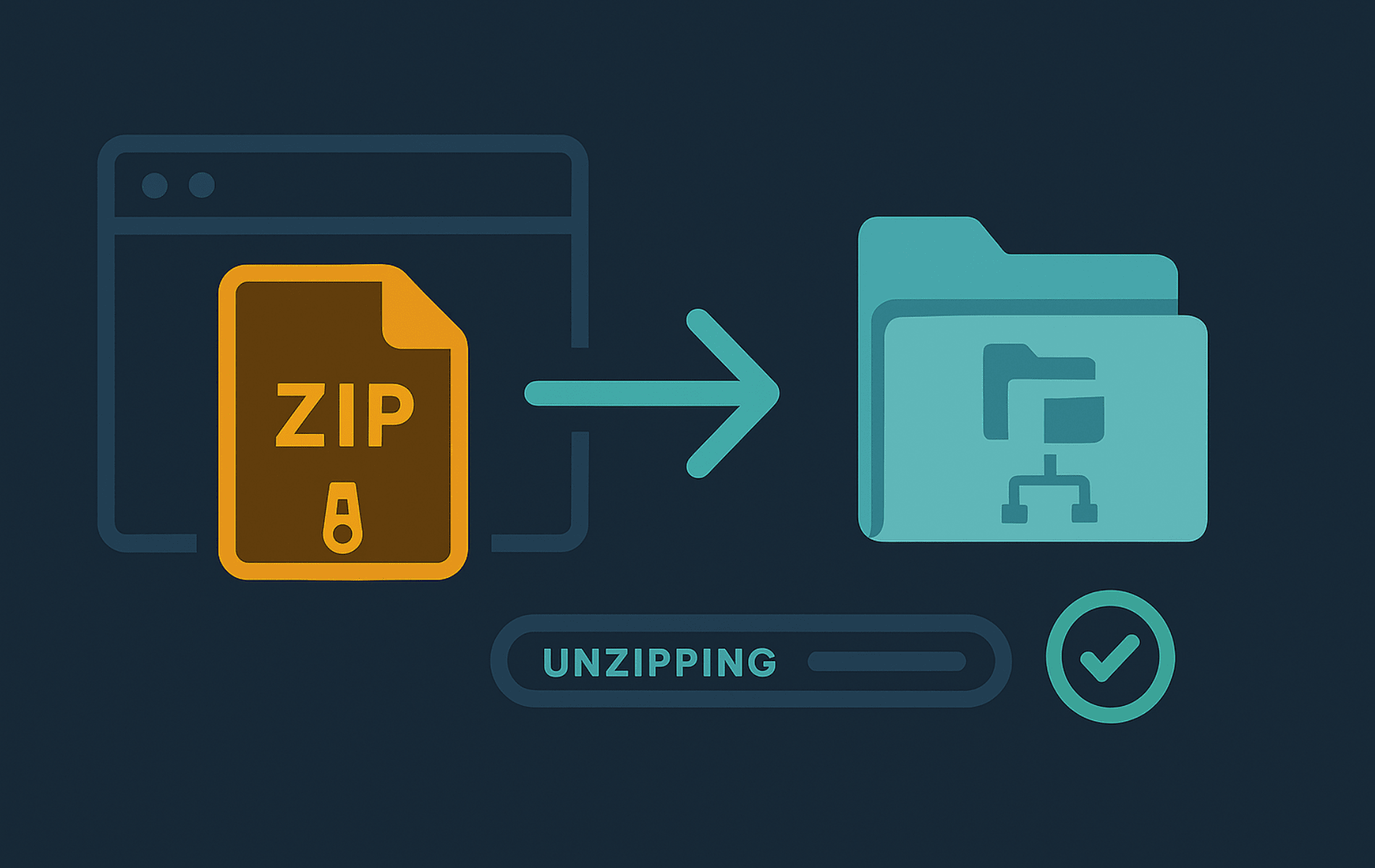 Unzip command examples showing archive extraction on Linux terminal with file icons
