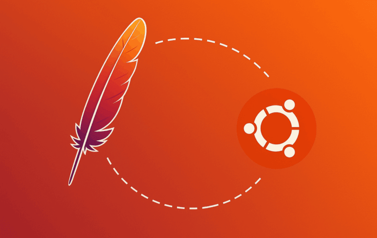 Apache feather icon linking to the Ubuntu logo on an orange gradient background