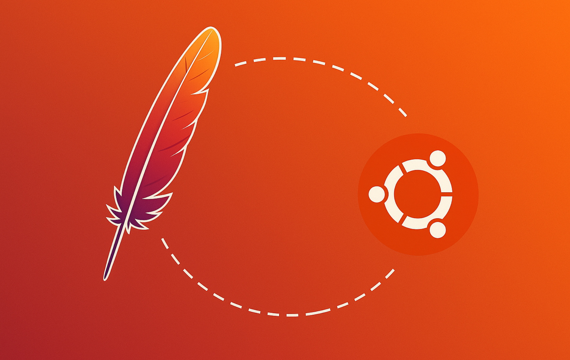 Apache feather icon linking to the Ubuntu logo on an orange gradient background