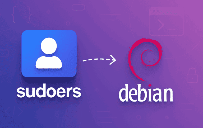 User account icon labeled sudoers with arrow pointing to Debian logo on purple gradient background