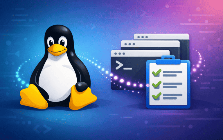 Linux Tux mascot with terminal windows and task checklist representing batch command scheduling