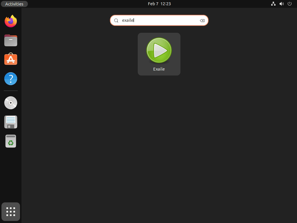 Exaile music player application icon displayed in Ubuntu Activities search results