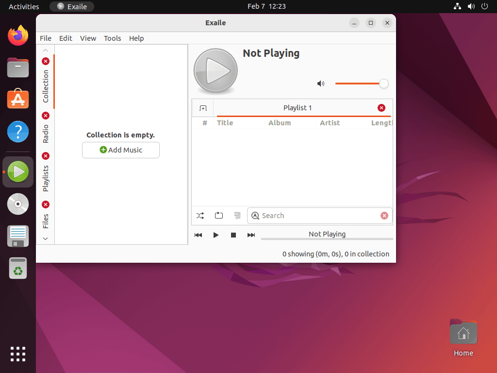 Exaile music player main window showing empty collection, playlist tab, and playback controls