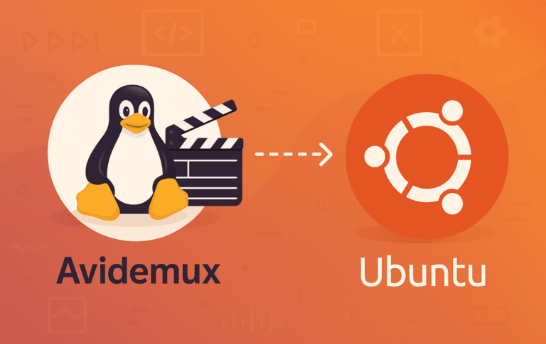 Avidemux clapperboard icon with Tux Linux penguin connected to Ubuntu logo on orange gradient background
