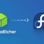 balenaEtcher logo with green cube icon pointing to Fedora logo on blue gradient background