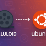 Celluloid media player icon connected to Ubuntu logo on purple and orange gradient background